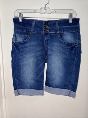 Dark Blue Denim Bermuda Shorts - Women's Casual High-Rise